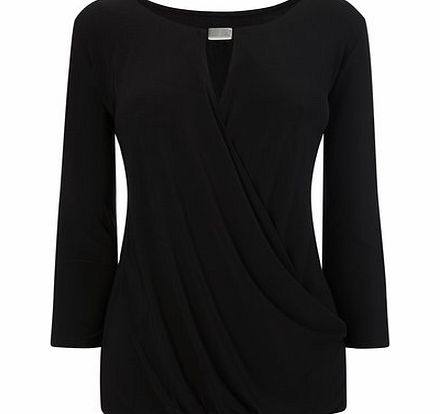 Bhs Womens Black 3/4 Sleeve Slinky Wrap Top, black