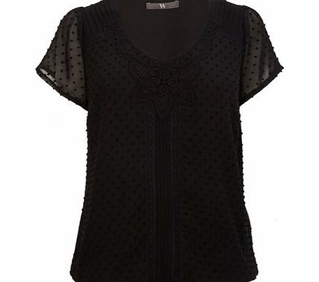 Bhs Womens Black Short Sleeve Crochet Dobby Blouse,