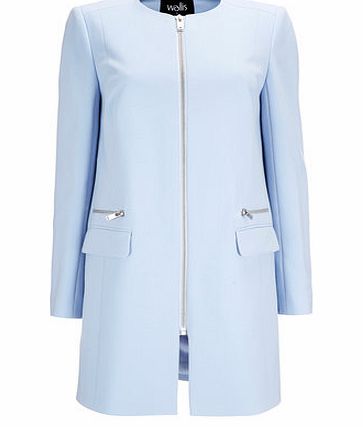 Bhs Womens Blue Collarless Crepe Coat, blue