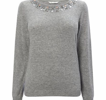Bhs Womens Grey Embellished Neck Jumper, grey marl