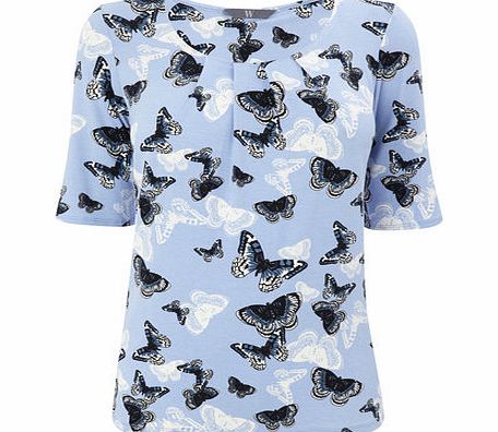 Womens Icy Blue Butterfly Pleated Top, multi