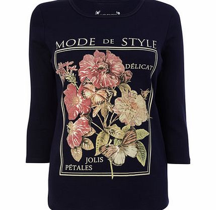 Bhs Womens Navy 3/4 Sleeve Mode De Style Front Print