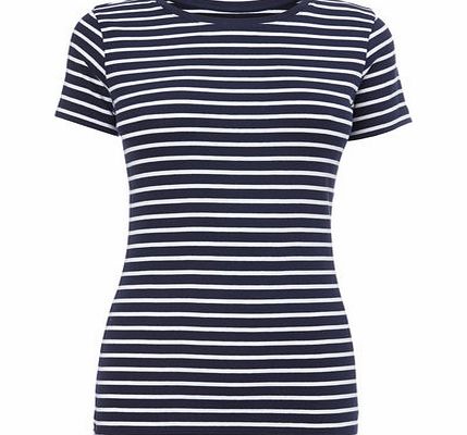 Bhs Womens Navy/white Stripe Short Sleeve Crew Neck