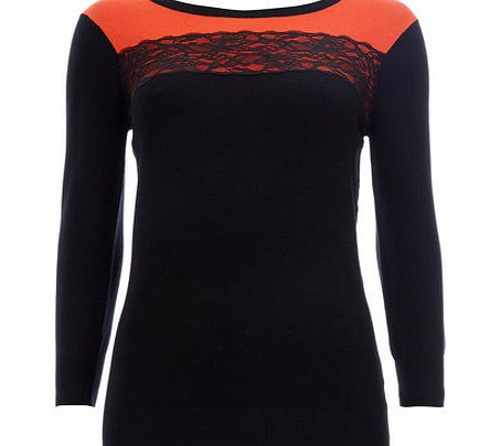 Bhs Womens Orange Lace Colour Block Top, orange