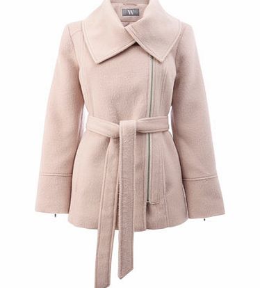 Womens Pale Pink Brushed Zip Belted Coat, pale