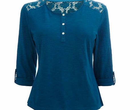 Womens Teal Petites 3/4 Sleeve Lace Panel Top,
