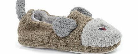 Younger Boys Brown Knitted Dog Slippers, brown