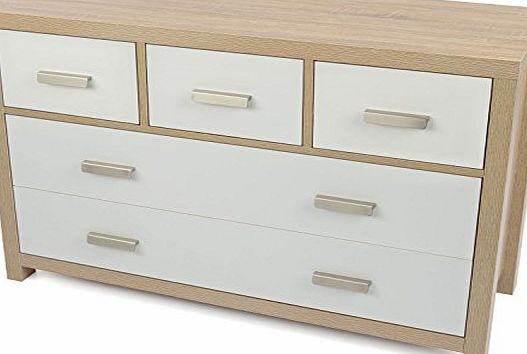 Bianco 3 Small 2 Big 5 Drawer Oak Effect White Wood Modern Bedroom Chest of Drawers