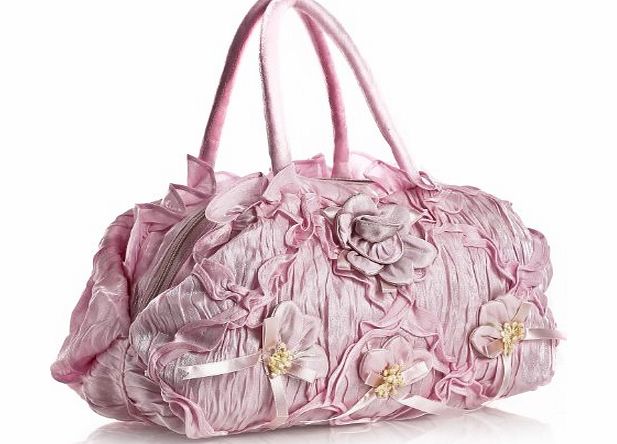 Big Handbag Shop Lightweight Ruffle Tiered Fabric Flower Designer Boutique Top Handle Handbag (51 Pink)