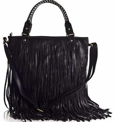 LS_3699 LF_906 Celebrity Style Fringe Cowgirl Tassel Shoulder Bag (Black)