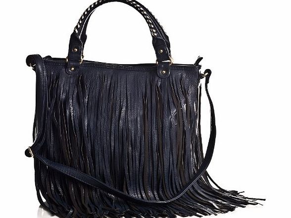 Big Handbag Shop LS_3699 LF_906 Celebrity Style Fringe Cowgirl Tassel Shoulder Bag (Navy)