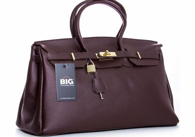 Big Handbag Shop Womens Designer Like Real Genuine Italian Leather Padlock Key Large Satchel Bag (R833 Dark Tan)
