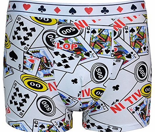 MENS BOXER SHORTS BOYS COTTON POKER CHIPS PLAYING CARDS PRINT BRIEFS UNDERWEAR (Large, White)