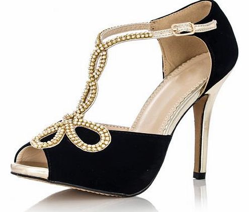 Black And Gold Diamante Loop Sandals