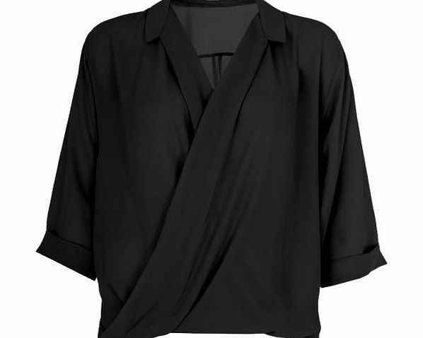 Black Chiffon Crossover Front Blouse