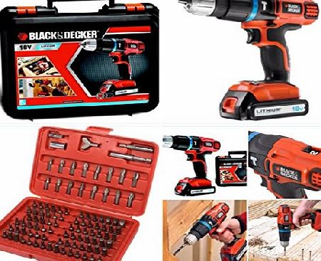 BLACK DECKER 18v CORDLESS COMBI DRILL COMPLETE WITH LITHIUM BATTERY, CHARGER,CARRYING CASE * 100 SCREWDRIVER ACCESSORIES*