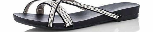 Black Diamante Slip On Sandals