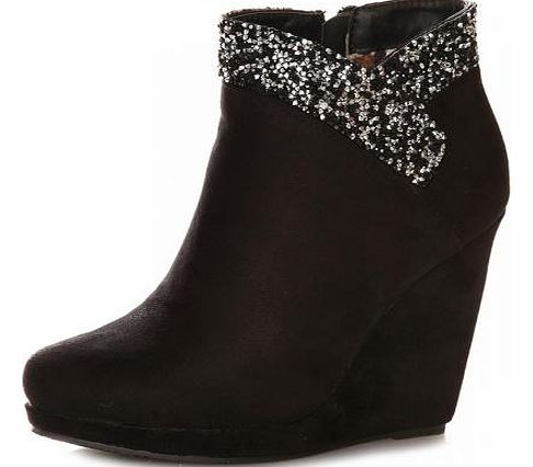 Black Embellished Wedge Shoe Boots