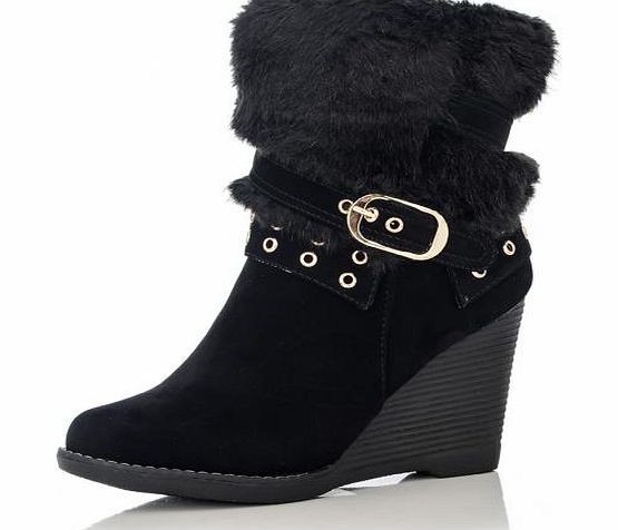 Black Eyelet Fur Wedge Ankle Boots