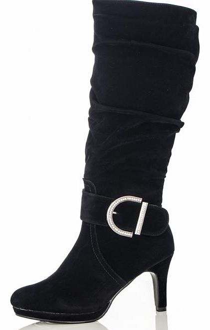Black Large Buckle Calf Length Boots