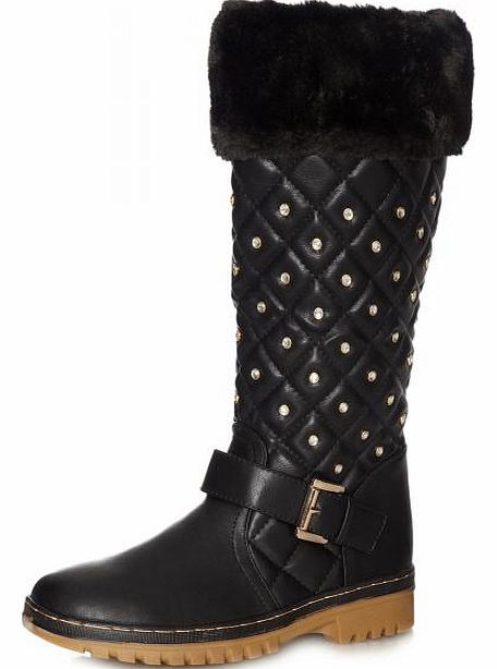 Black PU Diamante Fur Calf Boots