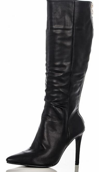 Black PU Pointed Toe Calf Length Boots