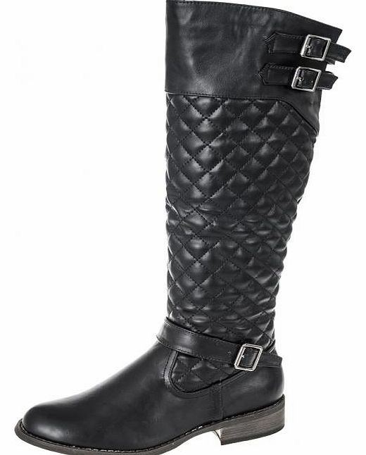 Black PU Quilted Long Boots