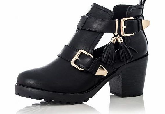 Black Tassel Cut Out Ankle Boots