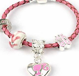 Bling Rocks Childrens Little Miss Pink Silver Barbie/Ballet Shoes Pink Leather Pandora Style Charm/Bead Bracelet. Girls Birthday Gift/Stocking Filler 16cm (Other Sizes Available)