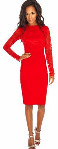 Long Sleeve Lace & Bengaline Fitted Pencil Wiggle Cocktail Party Evening Dress Sz 8-16 (10, Red)