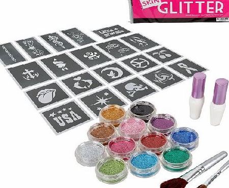 BMC 12pc Party Fun Temporary Fashionable Multi-Color Glitter Shimmer Tattoo Body Art Design Kit with Stencils, Glue and Brushes