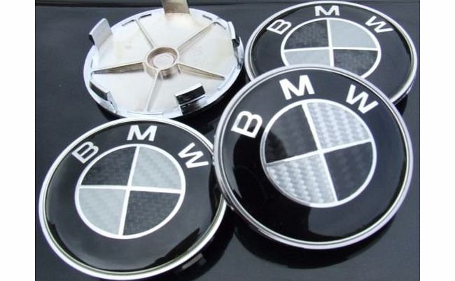 BMW BLACK REAL CARBON FIBRE 68MM ALLOY WHEEL CENTRE CAPS HUB COVERS, BADGES 68MM E30 - E36 - E46 - E90 - 3 SERIES`` ``E34 - E39 - E60 - 5 SERIES`` ``E32 - E38 - E65 - 7 SERIES`` ``Z3 - Z4 - X3 - X5 - M3 SET