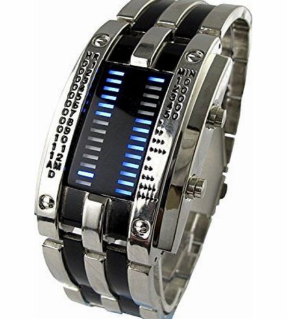 BoddBan LED Men Boys Guys Fashion Binary Circuit Slate ShockProof Army Military Stainless Steel Wrist Watch with 28 LED Light for Date and Time Display (Blue LED)