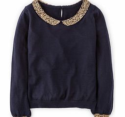 Boden Embellished Collar Jumper, Blue,Light Cream