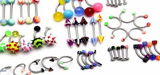 BODYA Lot of 100 Assorted 10 Styles Tongue Belly Navel Lip Eyebrow Nose Labret Bars Rings Stud Button Barbells Wholesale Body Jewelry