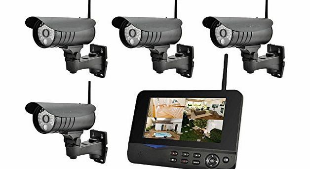 4 Camera 15m IR Digital Wireless CCTV System with LCD Monitor and PIR