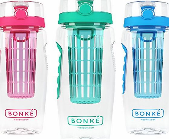 Bonke Fruit Infuser Water Bottle - Free Infused Water Ebook and Cleaning Brush - 3-in-1 - Large 32 Oz - BPA Free Plastic amp; Eco Friendly Rubber Grip with Extra Safe Locking System Prevents Spills 