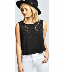 boohoo Alex Crop Lace Detail Woven Swing Blouse - black