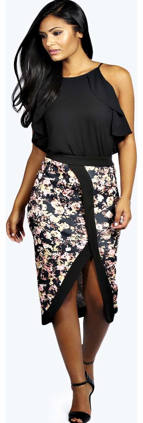 Alissa Floral Asymmetric Scuba Midi Pencil Skirt