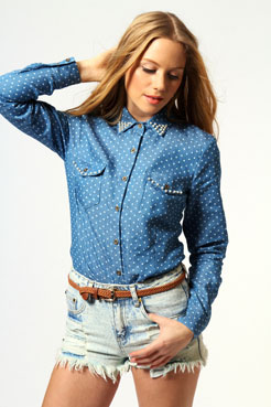 boohoo Alma All Over Denim Blouse With Pearls Female