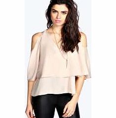 boohoo Annabelle V Neck Double Layer Cape Blouse - nude