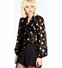 boohoo Boutique Lilly Tie Neck Metalic Polka Dot Blouse