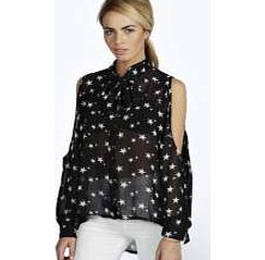 boohoo Bree Star Print Open Shoulder Pussybow Blouse -