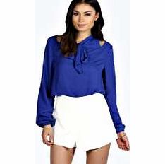 boohoo Bronte Cut Out Pussybow Blouse - cobalt azz24418
