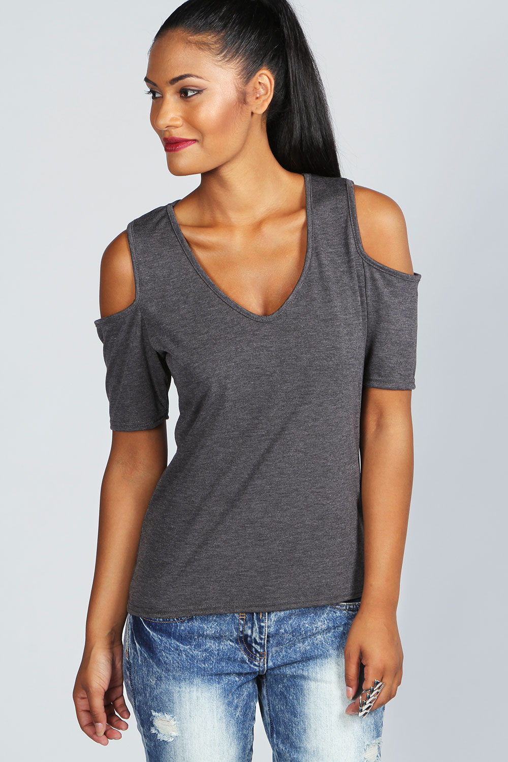Carly Cold Shoulder T-Shirt - charcoal,