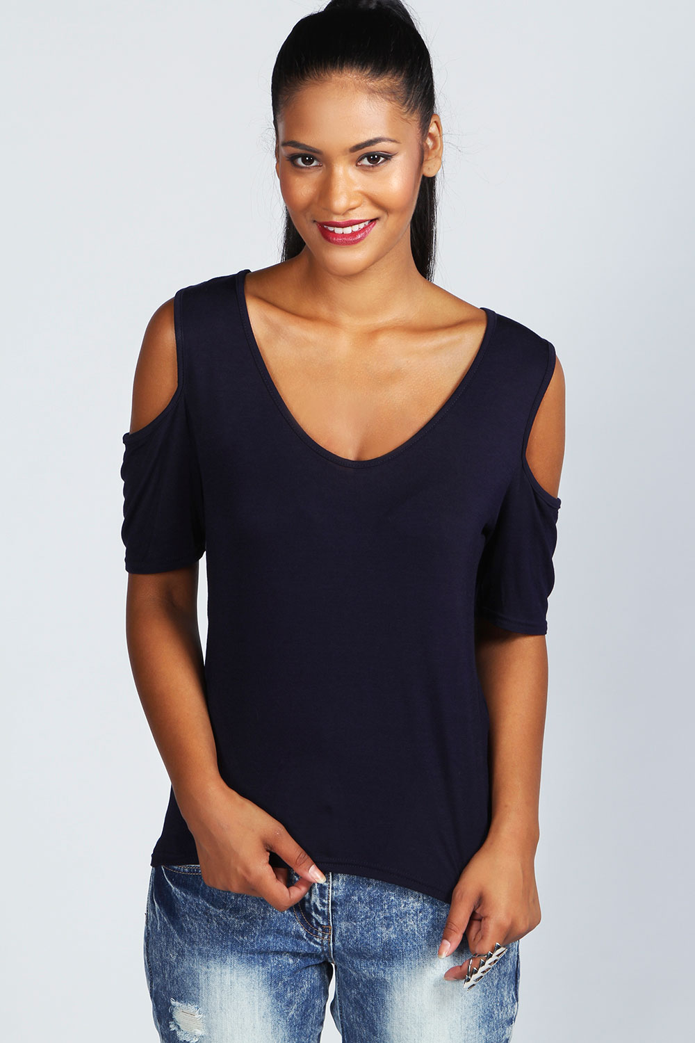 Carly Cold Shoulder T-Shirt - navy azz46263