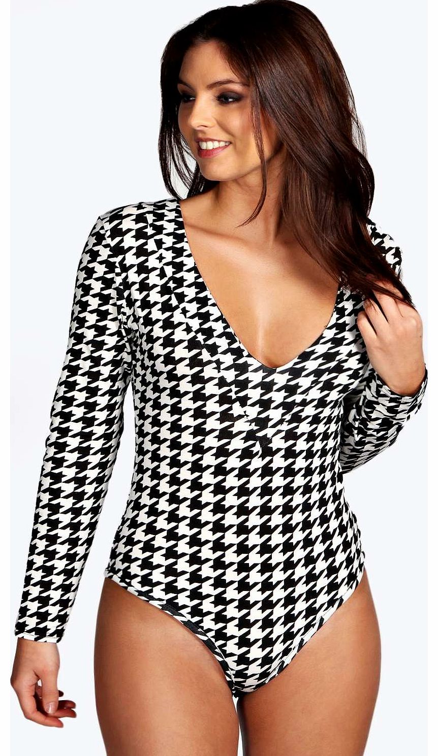 Darcy Dogtooth Long Sleeve Plunge Neck Bodysuit