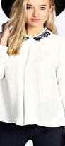 boohoo Embroidered Collar Long Sleeve Blouse - white