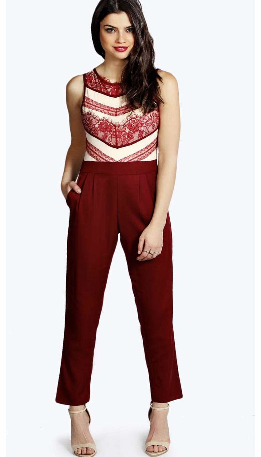 Emily Eyelash Lace Panel Woven Jumpsuit - wine
