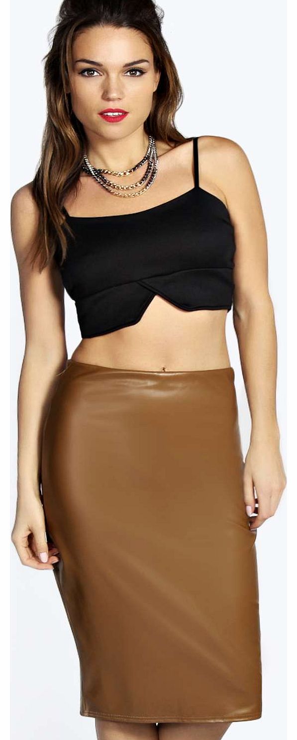 boohoo Emily Leather Look Midi Skirt - tan azz15849